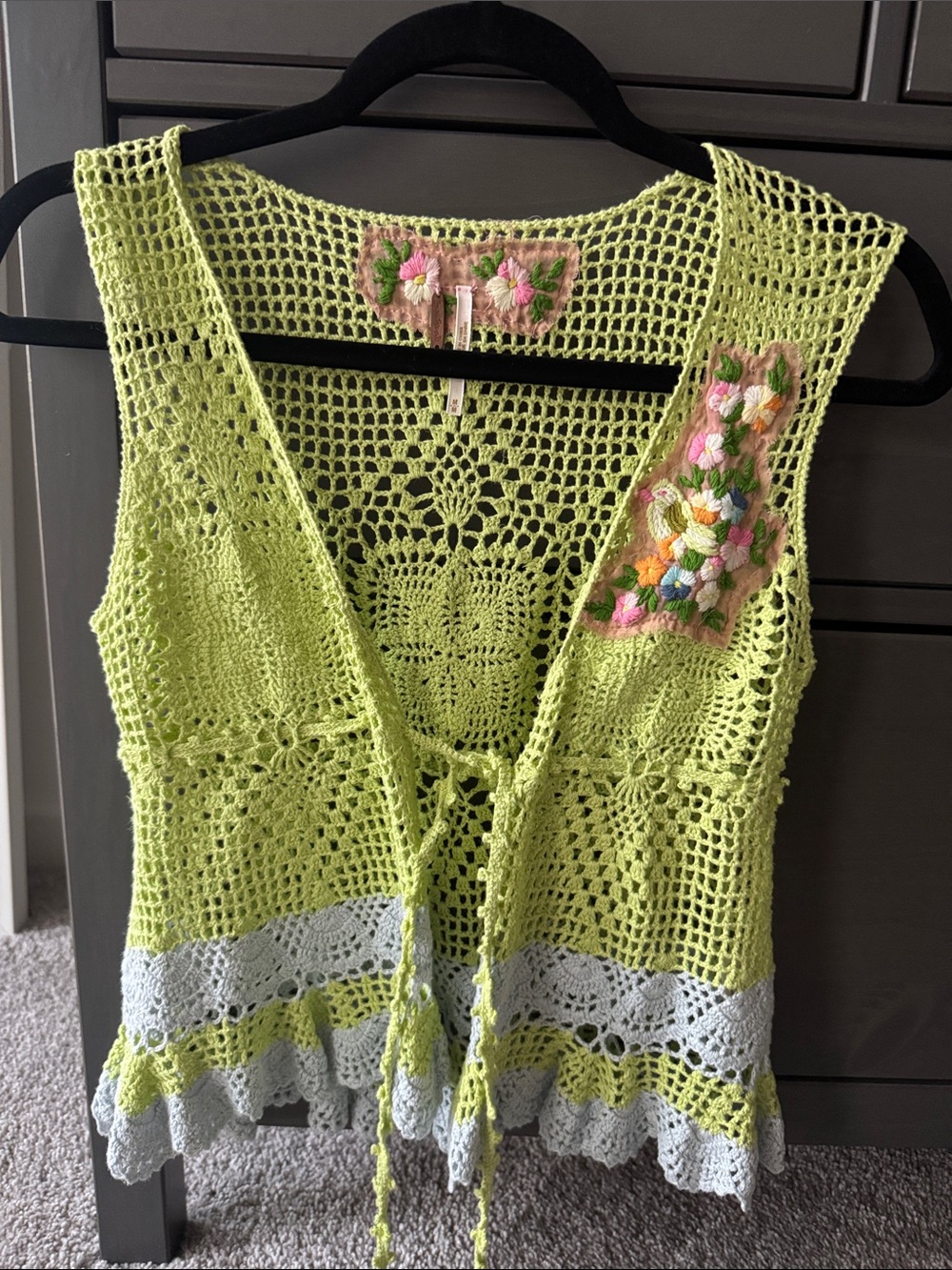 Free People Crocheted Lime Green Tie-Front Tank with baby blue/lavender Trim